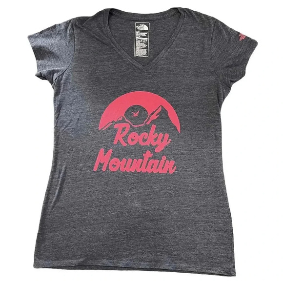 The North Face Women's Grey Short Sleeve V-Neck Graphic Slim Fit T-Shirt Medium - Picture 2 of 4